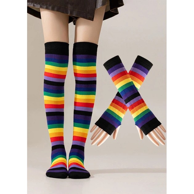 Set of Colorful Striped Knee-High Socks and Fingerless Gloves