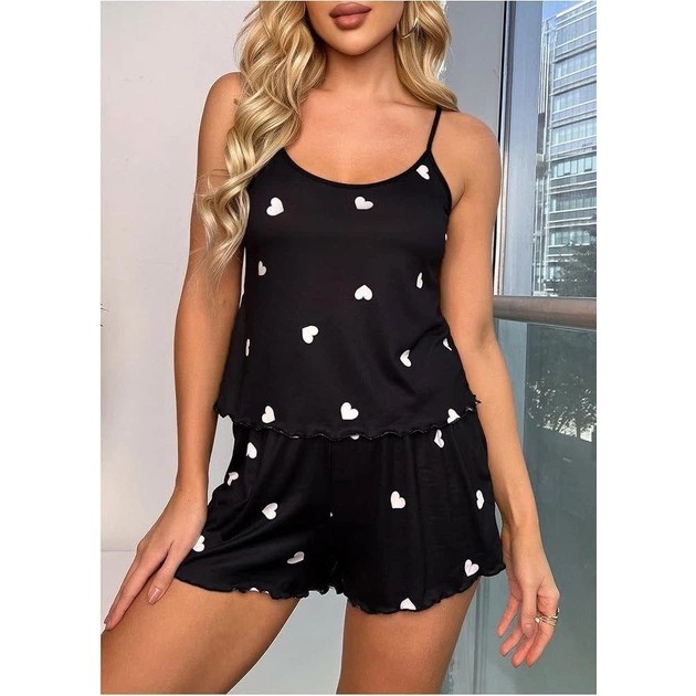 Light Women's Pajama Set with Heart Print in Black