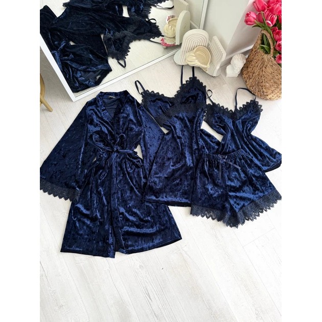 Conjunto de Pijama para Mujer: Bata, Top, Pantalones Cortos Bettina Collection Azul Oscuro