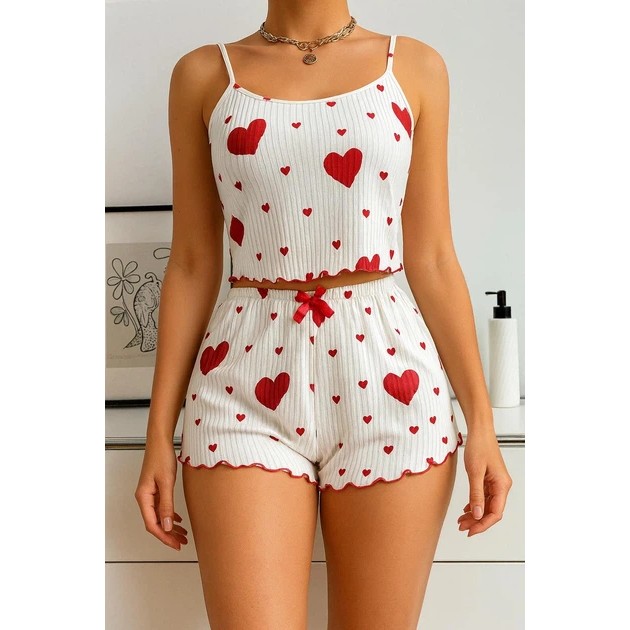 Damen-Pyjama mit roten Herzen – weiches Weiß