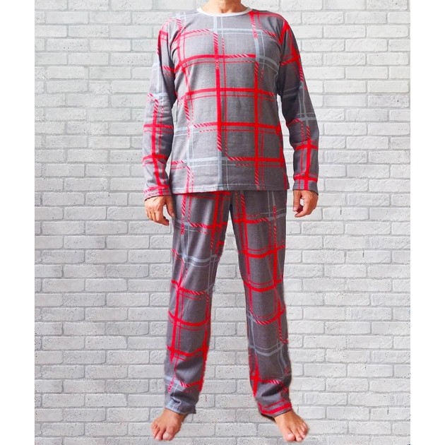 Pijama cálido de cuadros para hombre con mangas largas en gris