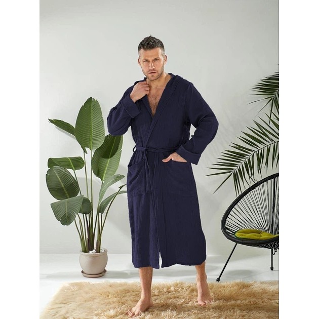 Herren Bademantel aus Musselin Dunkelblau