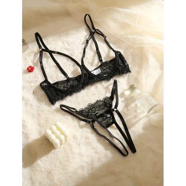 Ensemble de Lingerie Féminine avec Poitrine Découverte en Noir