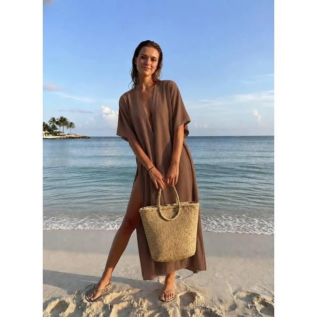 Lange braune Strandtunika mit Überwurf