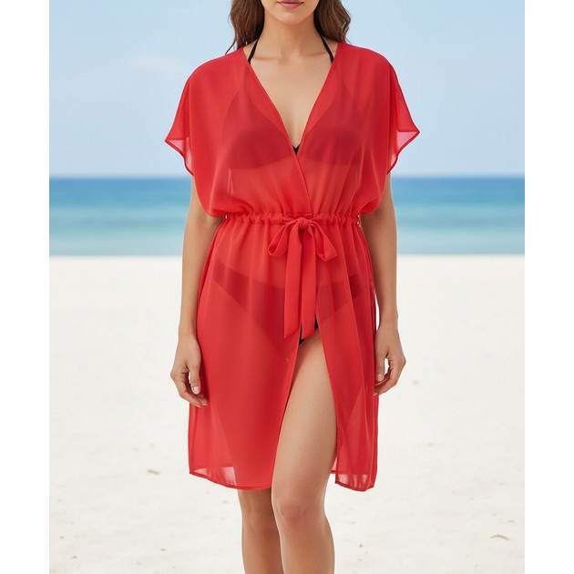 Túnica corta transparente de color coral de chiffon
