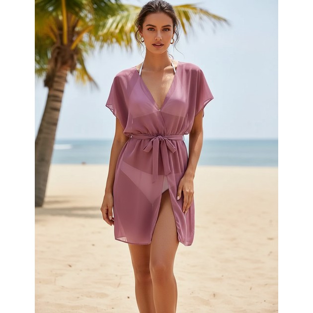 Damen Lilafarbene Chiffon-Tunika mit Bindegürtel