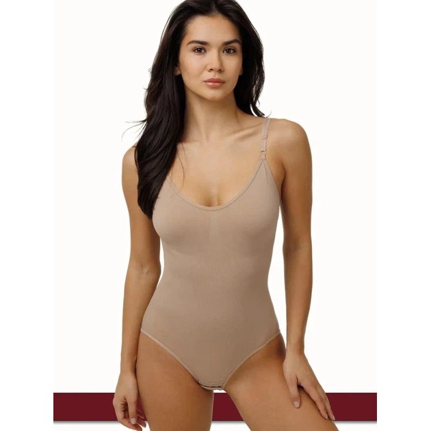 Body Modelador Transpirable con Tirantes Finos en Beige