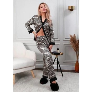 Conjunto de Pijama de Satén para Mujer con Estampado Geométrico en Negro-Beige