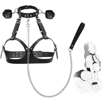 Black BDSM Harness with Leash and Handcuffs